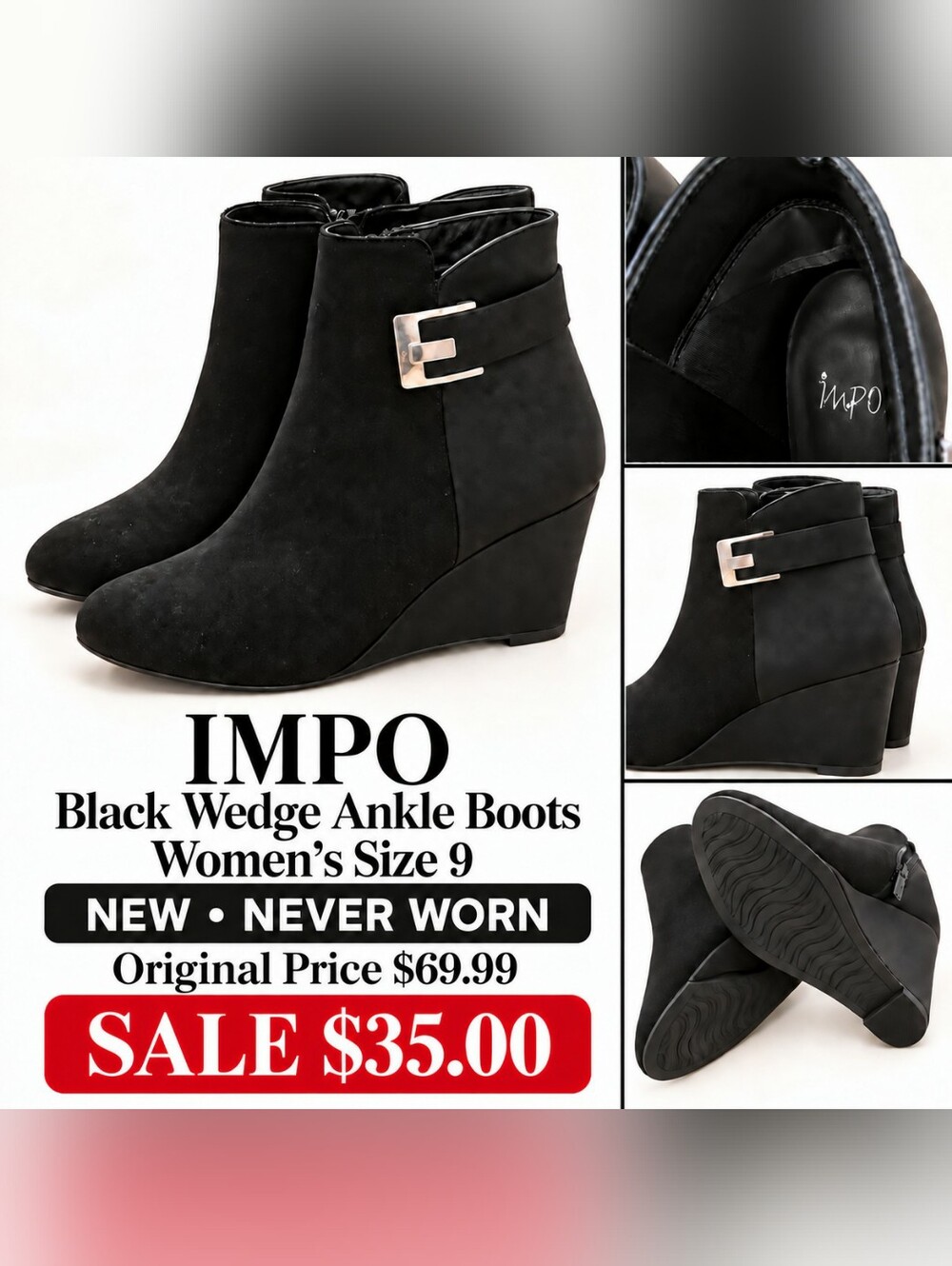 IMPO Black Wedge Ankle Booties with Side Buckle, SIZE 9